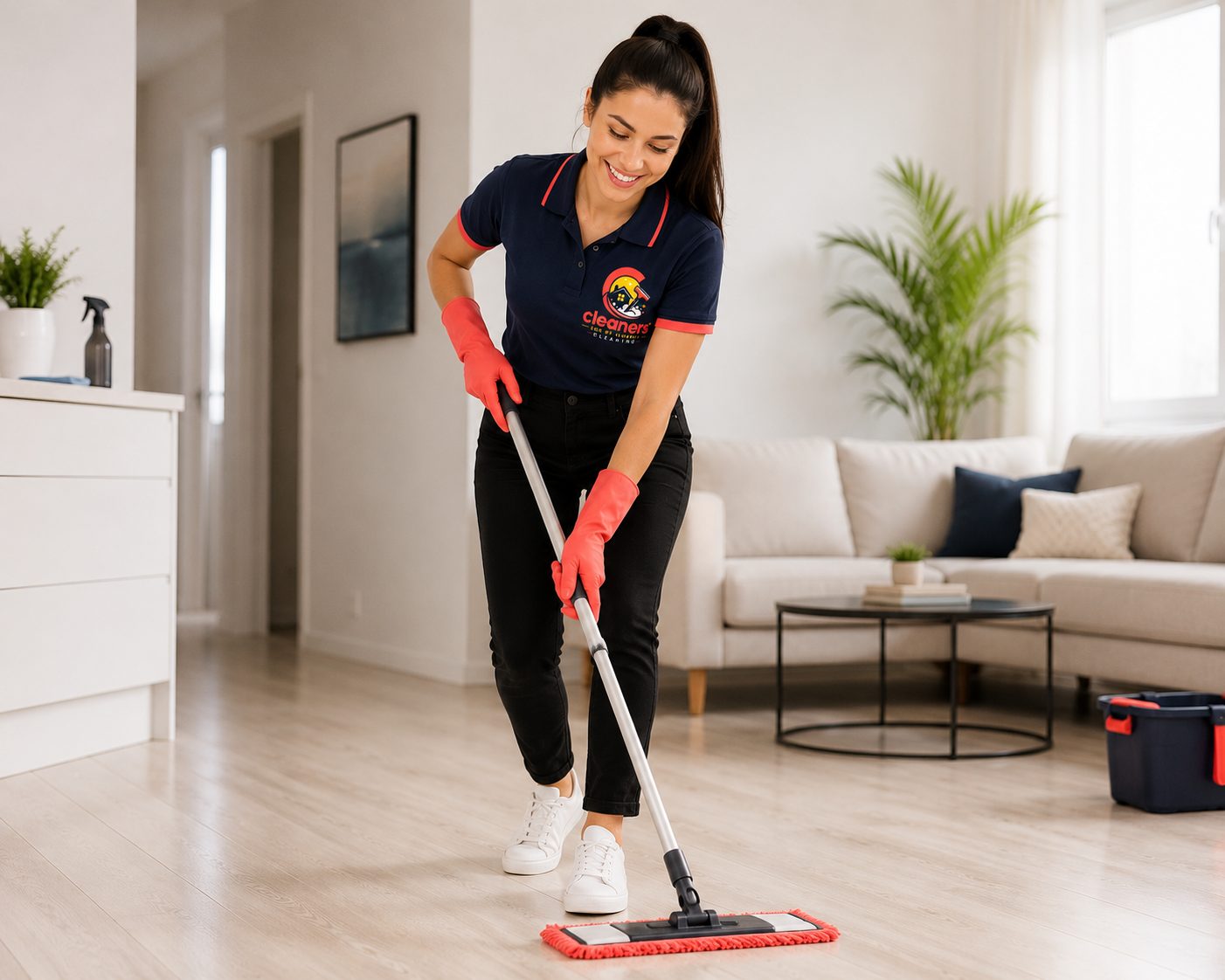 Professional cleaner mopping floors during an end of tenancy clean